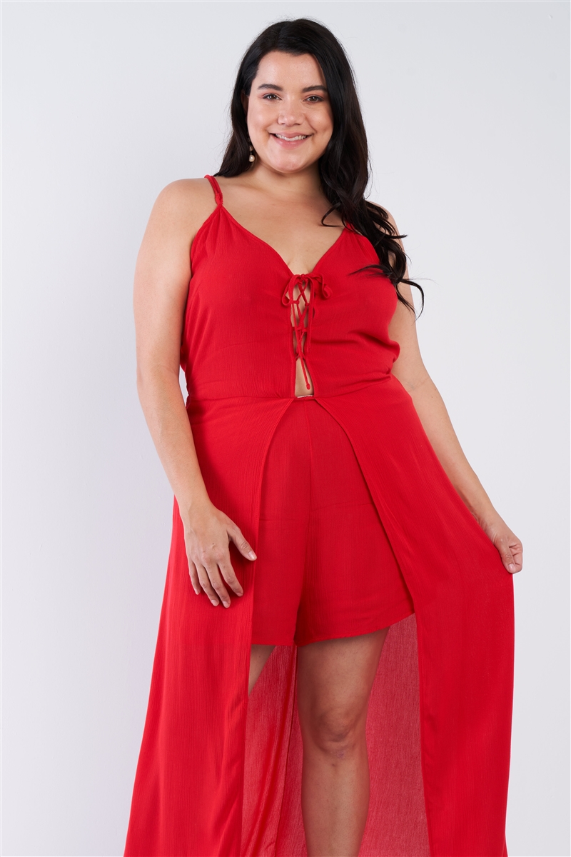 Plus Size Red Maxi Lace Up Romper Dress - Black Lily Apparel